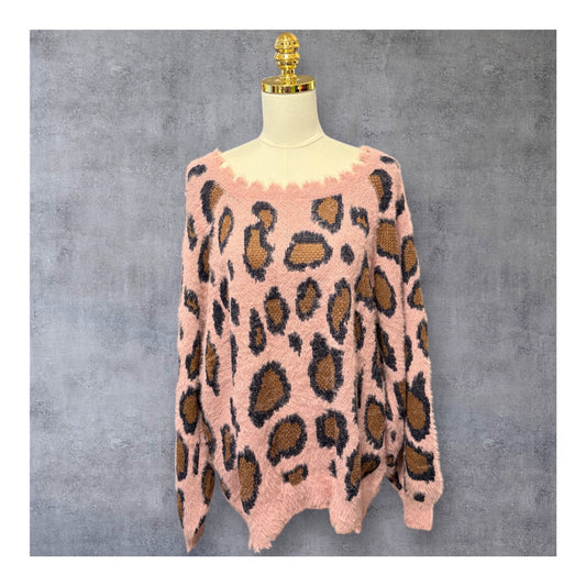Dusty Pink Fuzzy Cheetah Sweater Plus Size