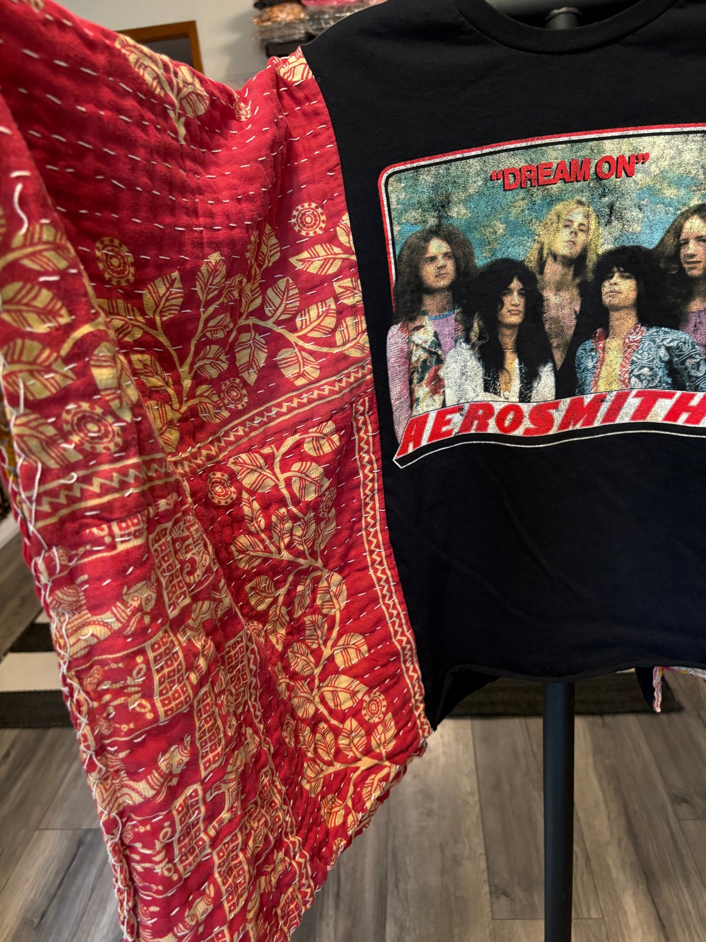 Aerosmith Upcycled Vintage Kantha Poncho Tee Fits A Size Small to  XL