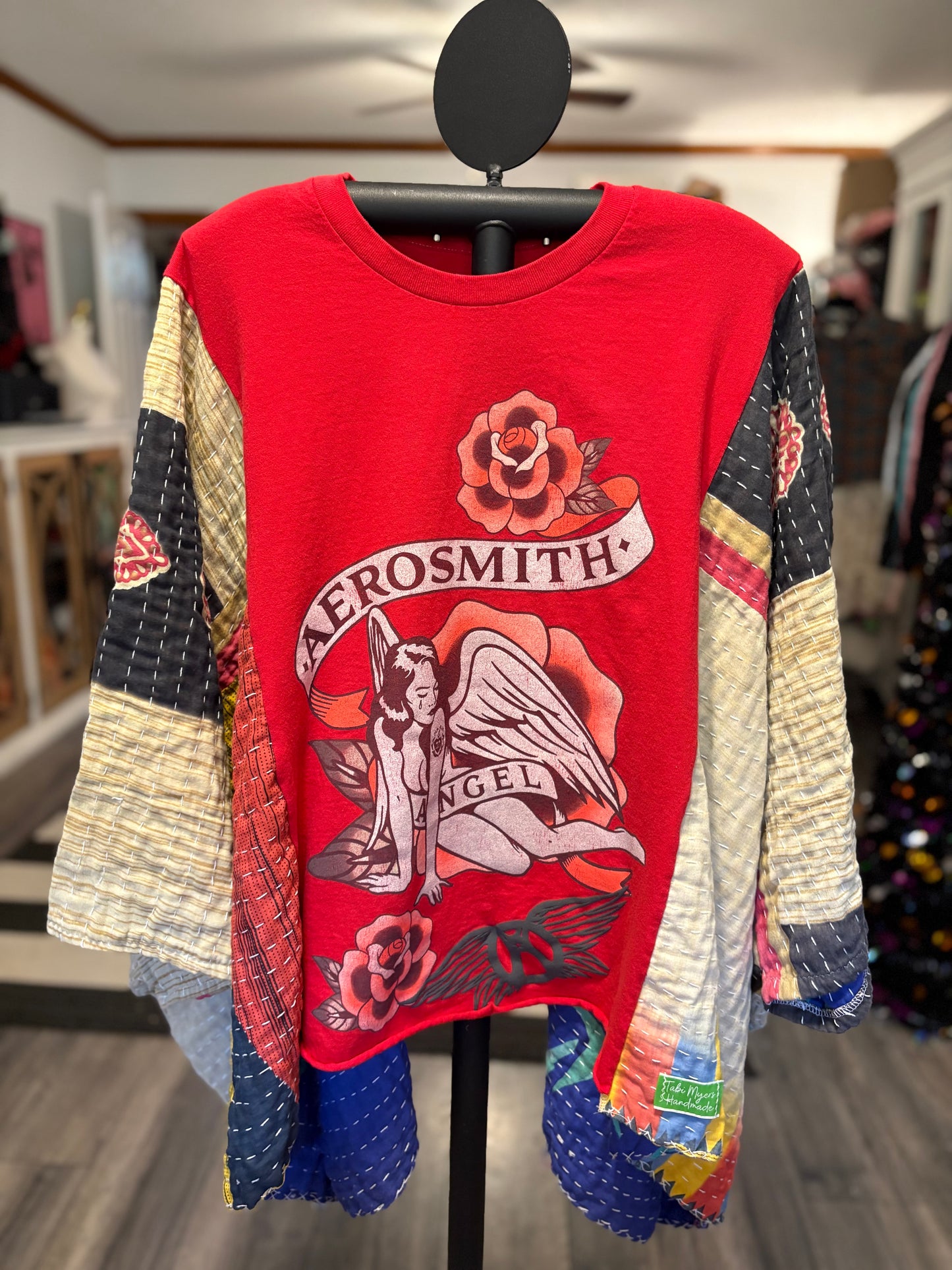 Aerosmith Upcycled Vintage Kantha Poncho Tee Fits A Small to XXL Comfortably