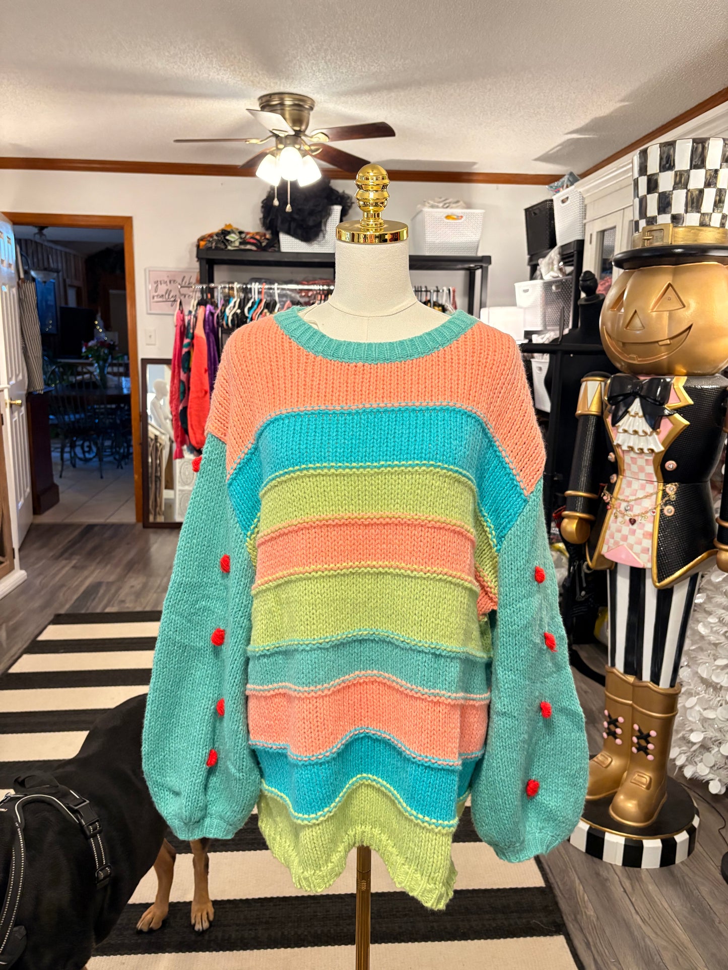 Teal Striped Pom Pom Sleeve Sweater