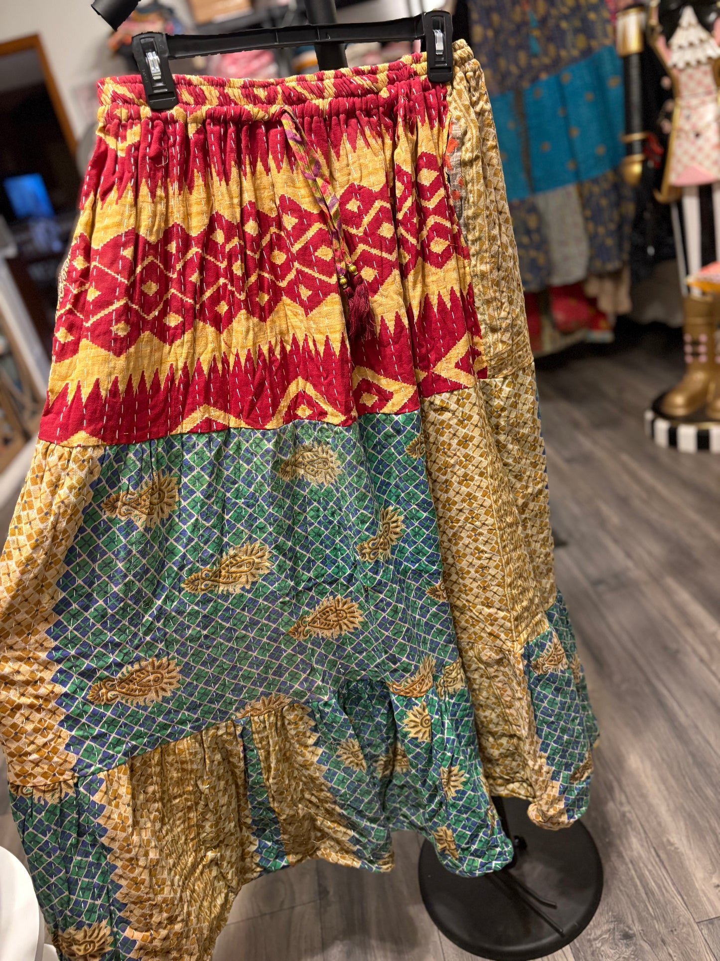 Vintage Kantha Boho Long Maxi Skirt with Pockets