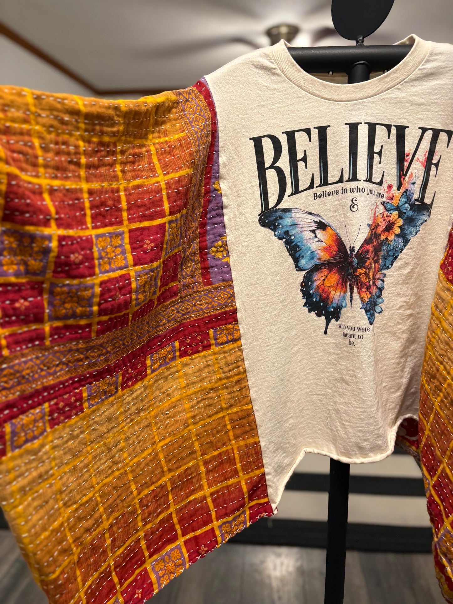 Believe Upcycled Vintage Kantha Poncho Tee Fits A Size Small to 3X