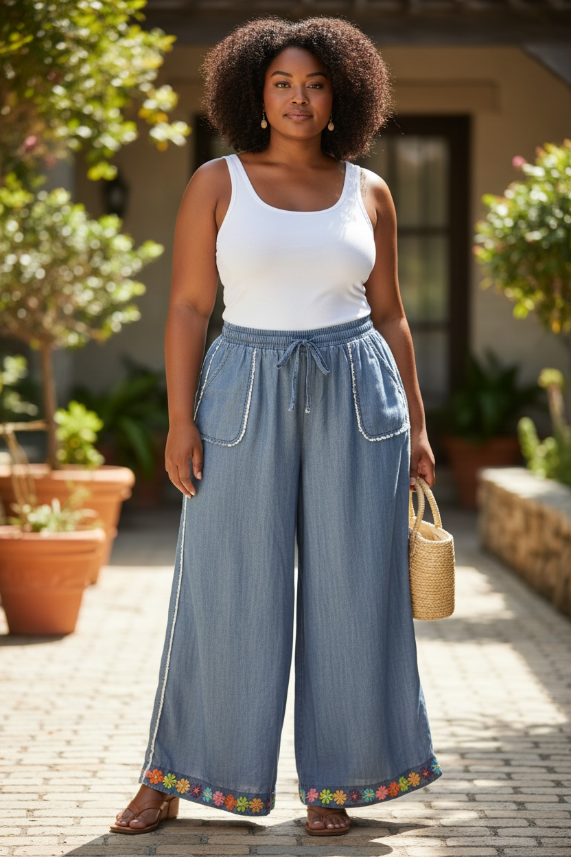 Flower Power Upcycled Wide Leg Denim Pants Size 2X (16/18)