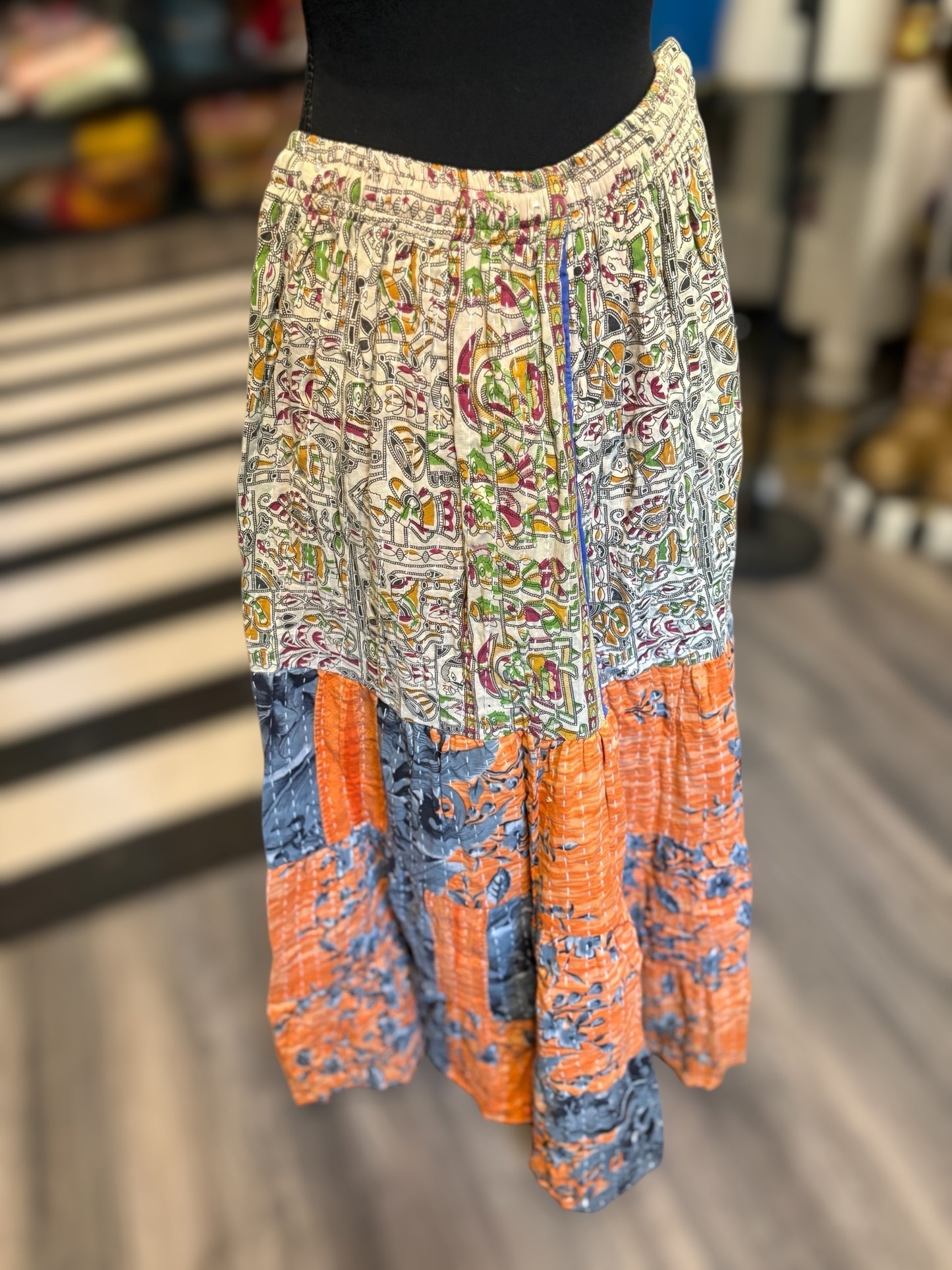 Corrin Kantha Flowy Tiered Reversible Palazzo Pant with Pockets: One Size Fits Size 6-16