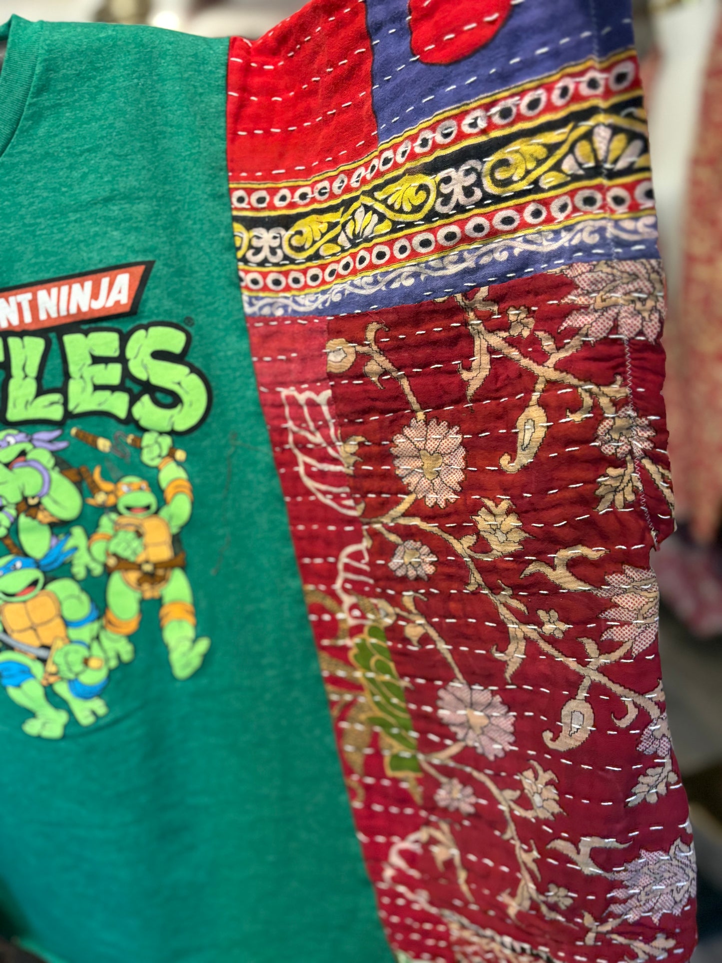 Teenage Mutant Ninja Turtles Upcycled Vintage Kantha Poncho Tee Fits A Size Small to XL