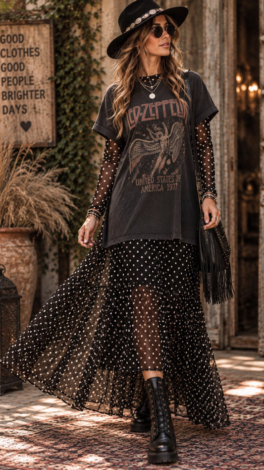 POLKA DOT PRINT MESH MAXI DRESS: Black