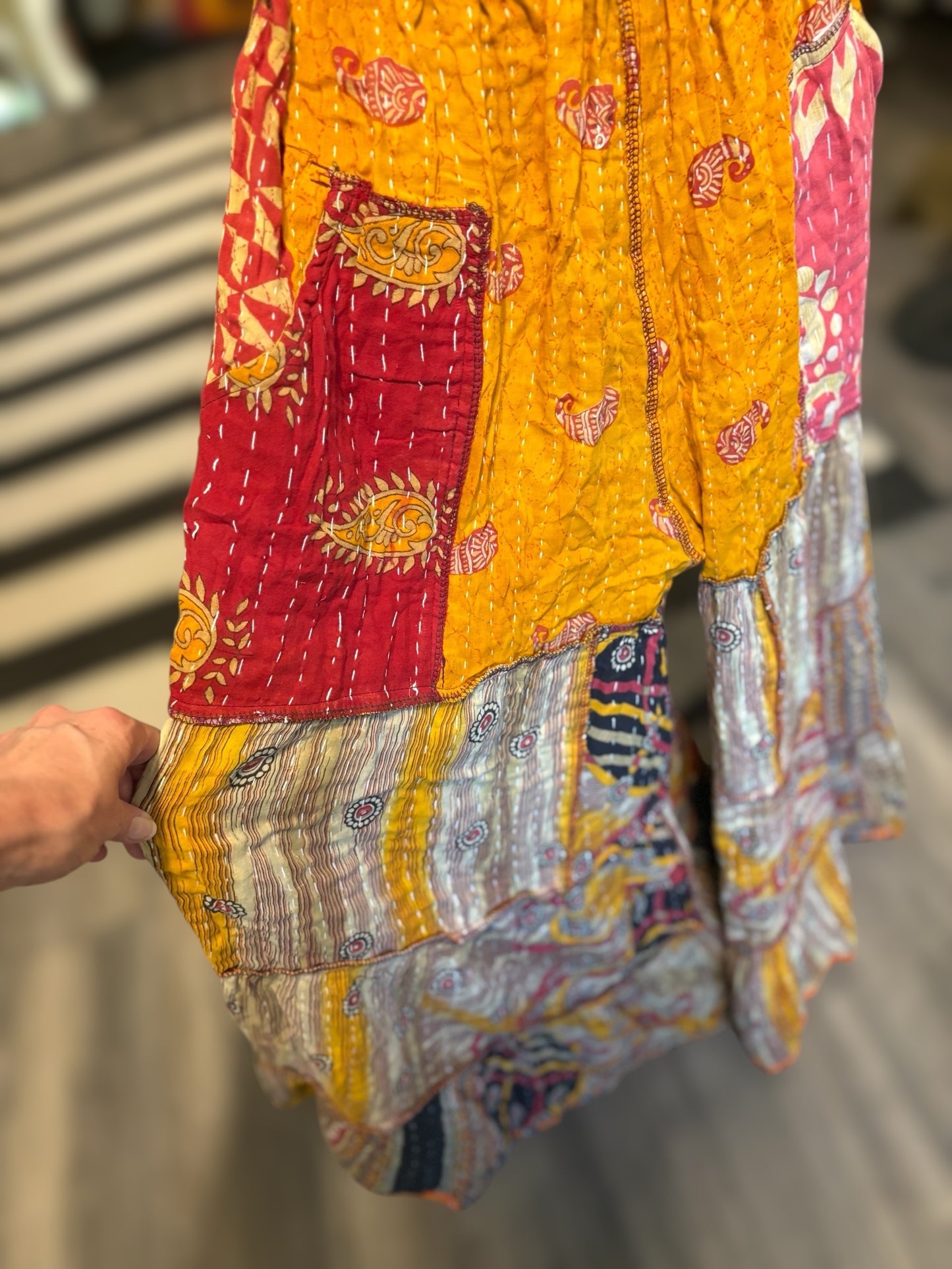 Corrin Kantha Flowy Tiered Reversible Palazzo Pant with Pockets: One Size Fits Size 6-16