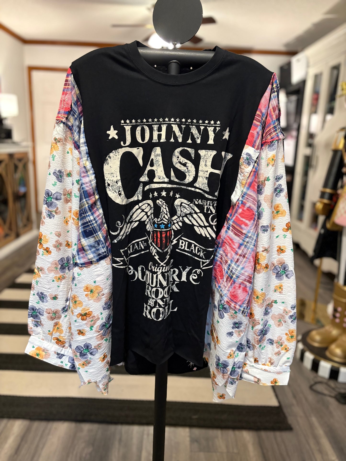 Man in Black Upcycled Frayed Patchwork Tee One Size Fits A Large to 3X Oversized