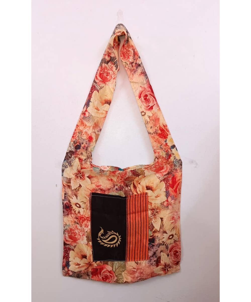 Reusable Floral Printed Jhola shoulder hobo bag with pocket