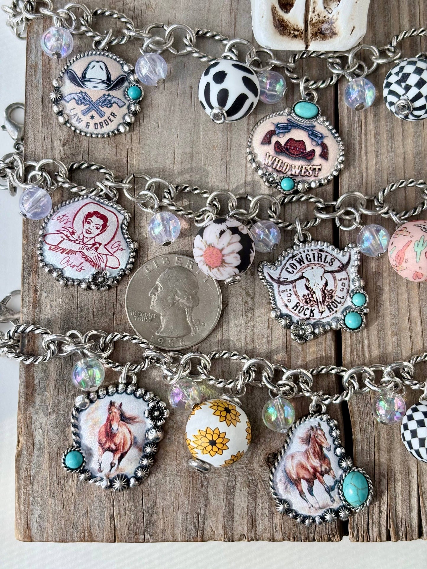 Western Style Multi Charm w/ Turquoise Stone Bracelet: Wild West