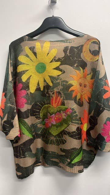 VI423 Camo Floral Round Neck Knit Printed Sweater