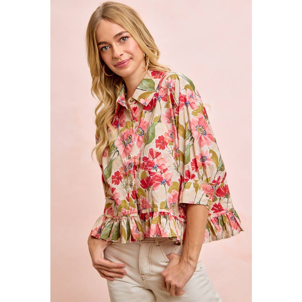 FLORAL PRINT RUFFLED HEM QUARTER SLEEVES SHIRT TOP: FLORAL / XL