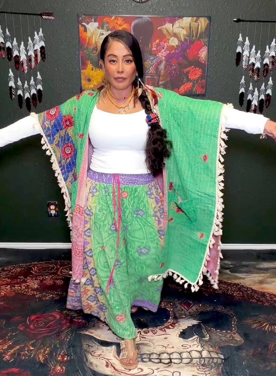 Short Sleeve Willow Fringe Kantha Kimono 1000-07