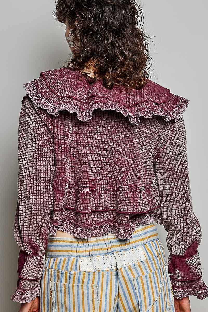 Gingham Lace Ruffle Tie Front Thermal Flared Cropped Top: BLOOD RED / L