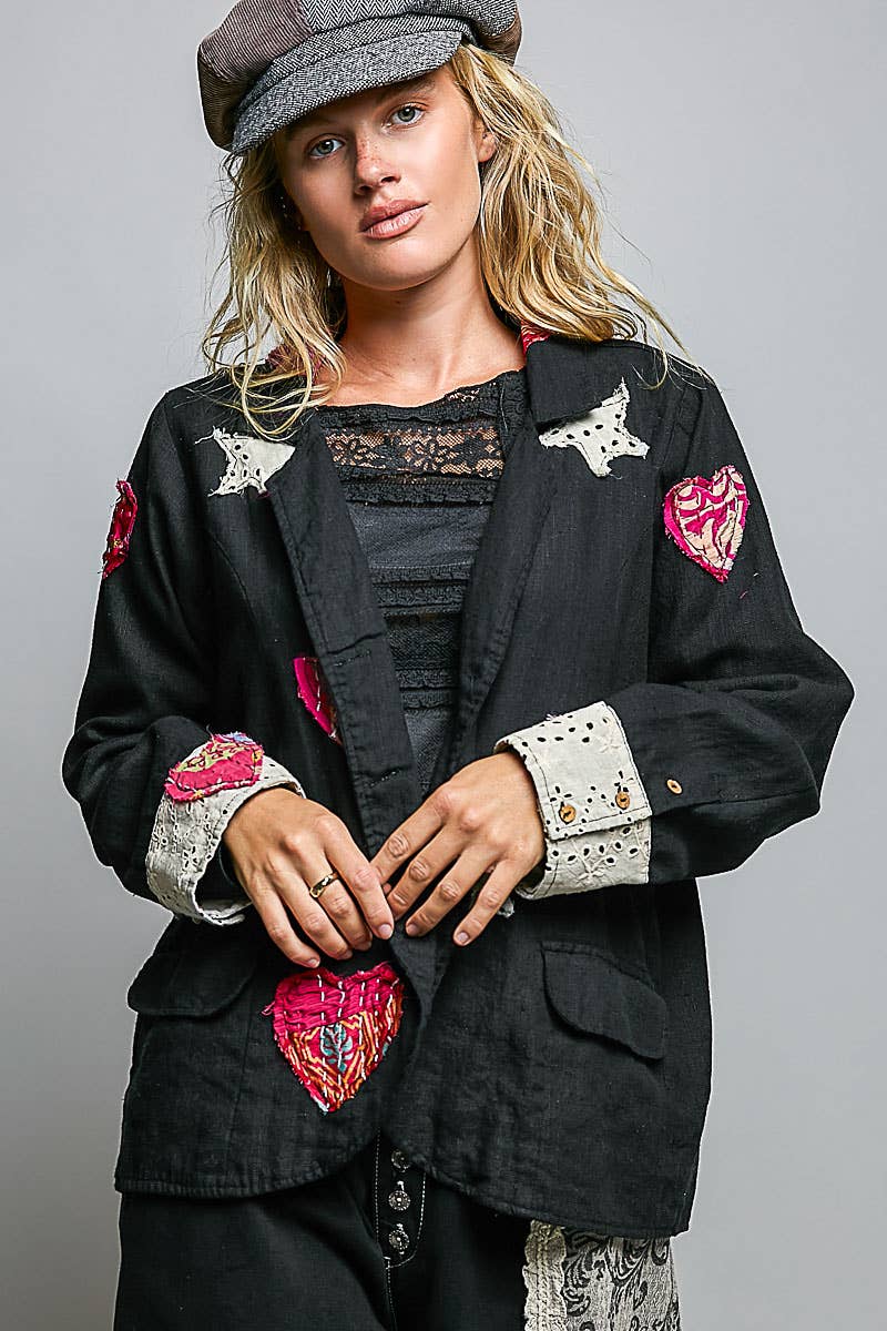 Notched Collar Star & Heart Applique Relaxed Blazer Jacket: Black