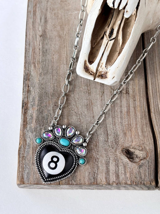 Western Style Magic 8 Heart Pendant Rhinestone Necklace: Black