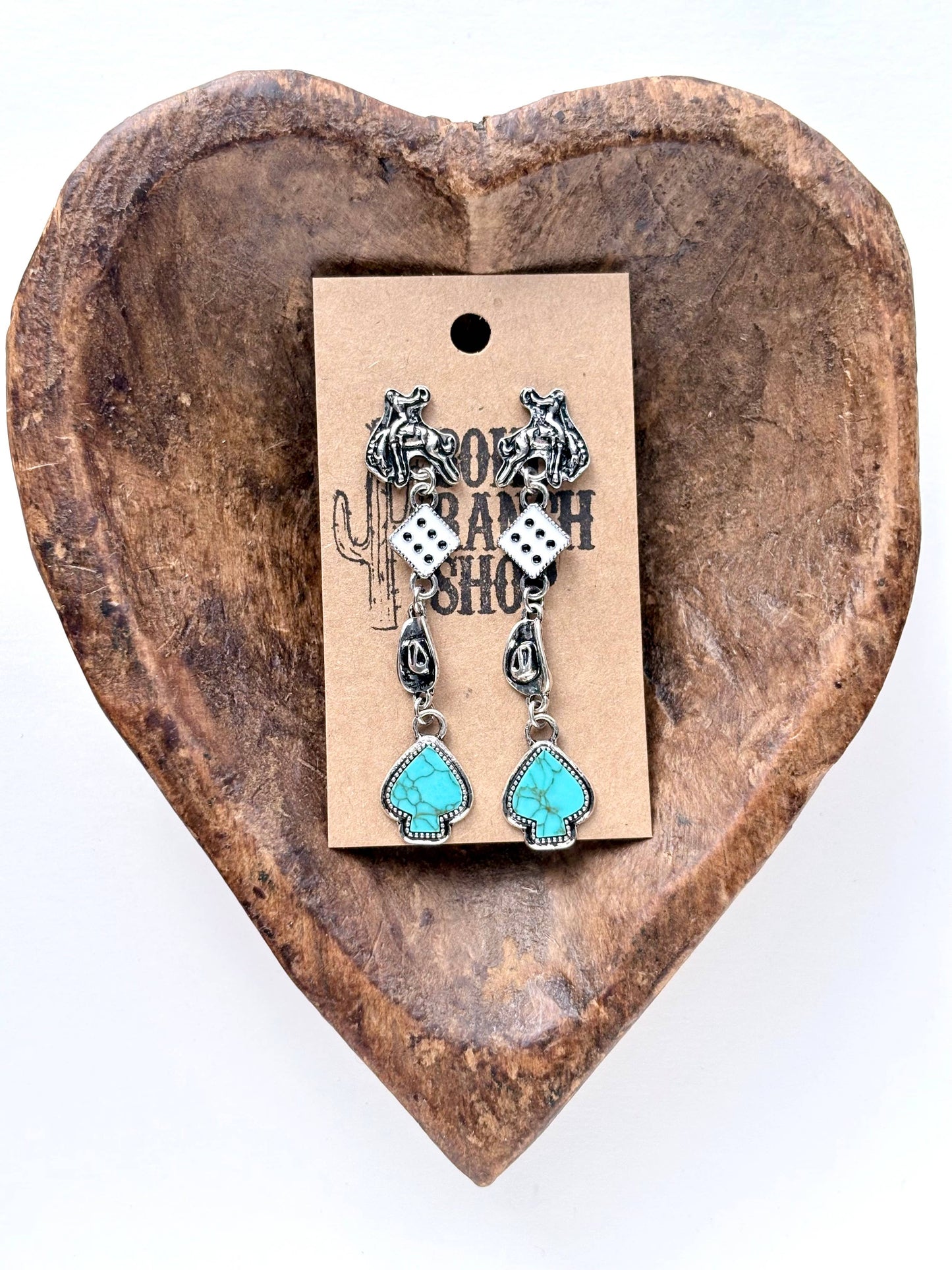4 Tier Western Rodeo Dice Spade Stone Post Drop Earrings: Pink