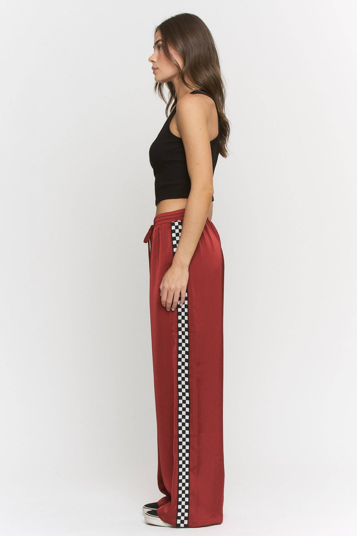 PLUS SIZE SOLID SATIN SWEATPANTS WITH SIDE CHECKERBOARD TAPE: Black