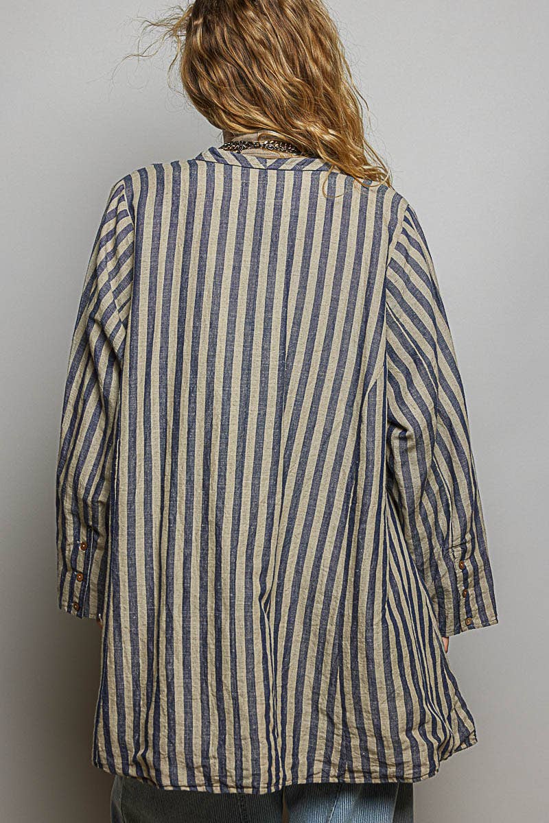 Stripe Pattern Asymmetrical Hem Lapel Style Woven Jacket: BLUE MULTI