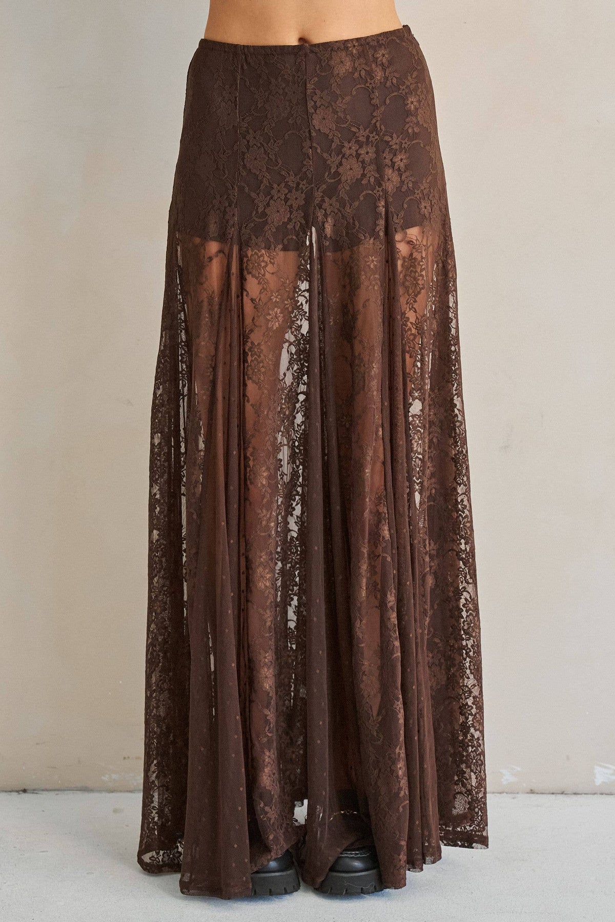 SHEER LACE FRONT SLIT MAXI SKIRT: Black