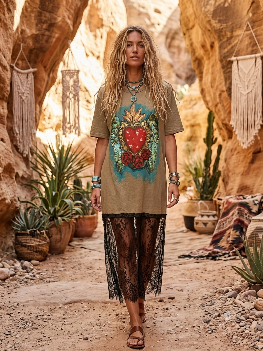 Sacred Heart Lace Bottom Tee Dress OVERSIZED Fits a Small to XL