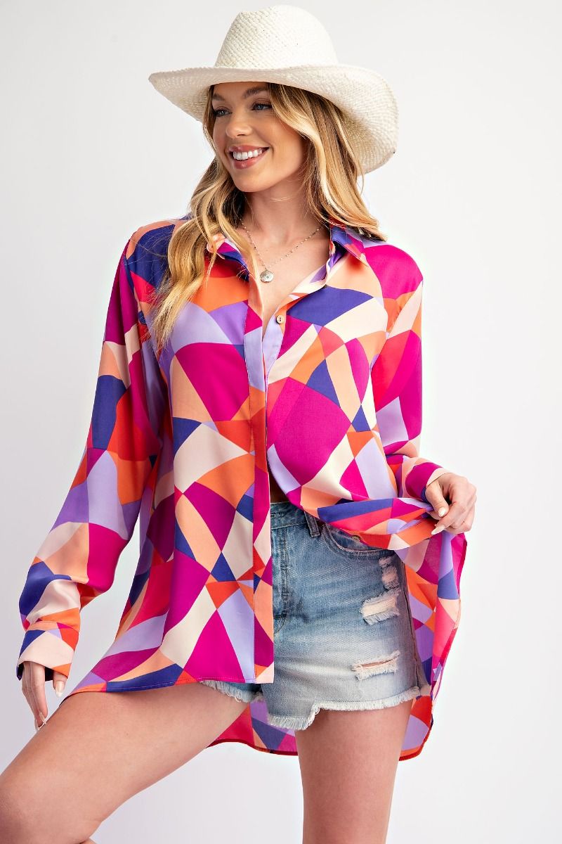 Hot Pink Geo Satin Button Down Shirt