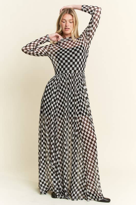 CHECKER PRINT MAXI DRESS: Black