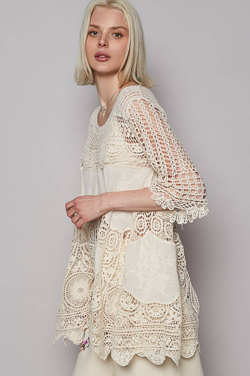 Round neck short sleeve embroidery crochet top: NATURAL / Os