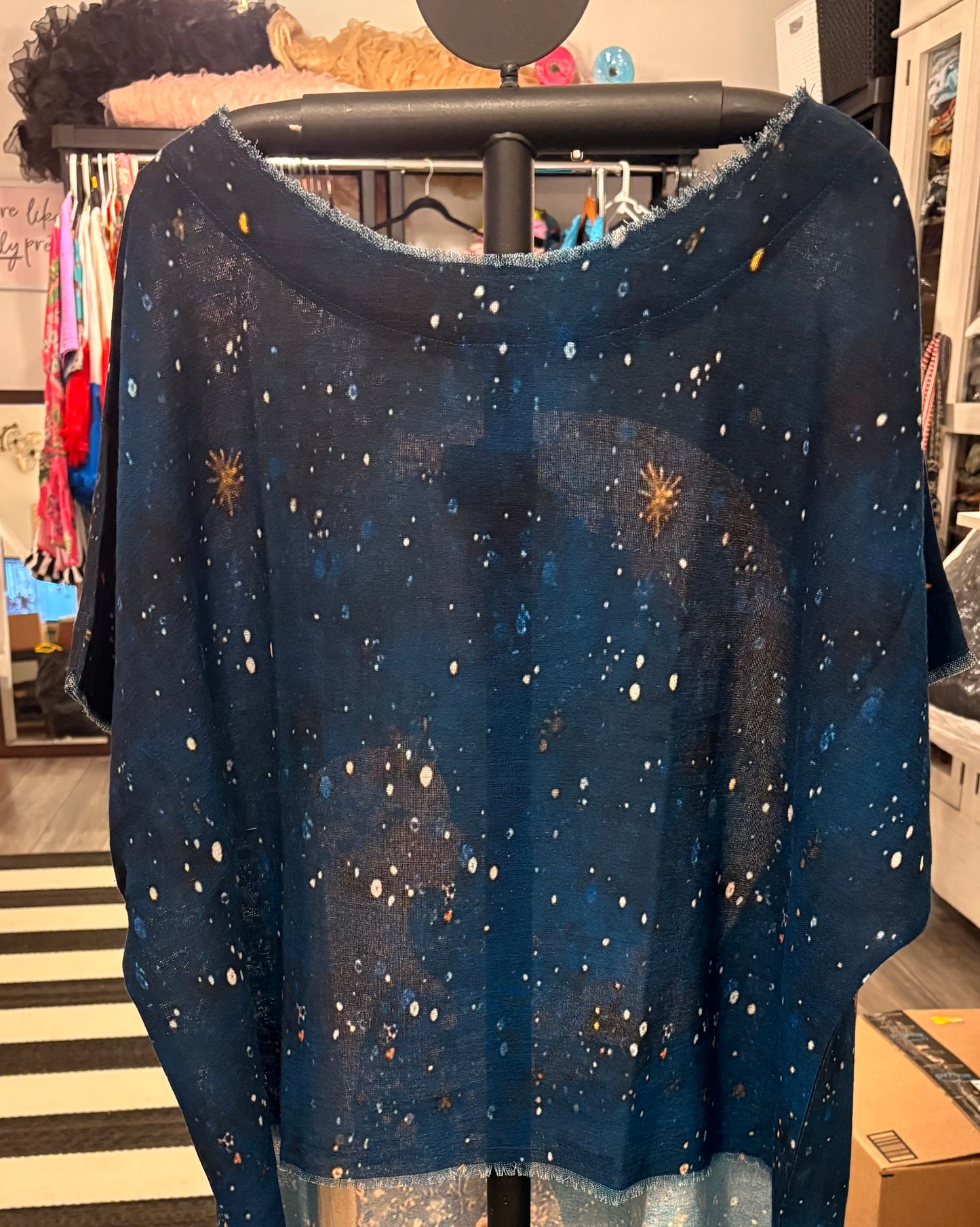 Hi-Lo Tunic with Girl Under Night Sky & Planet Print