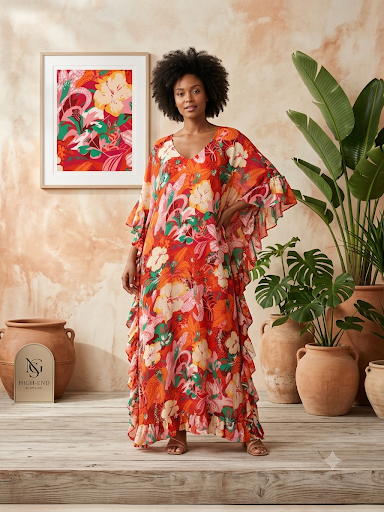 Red Tropical Ruffle Kaftan Large