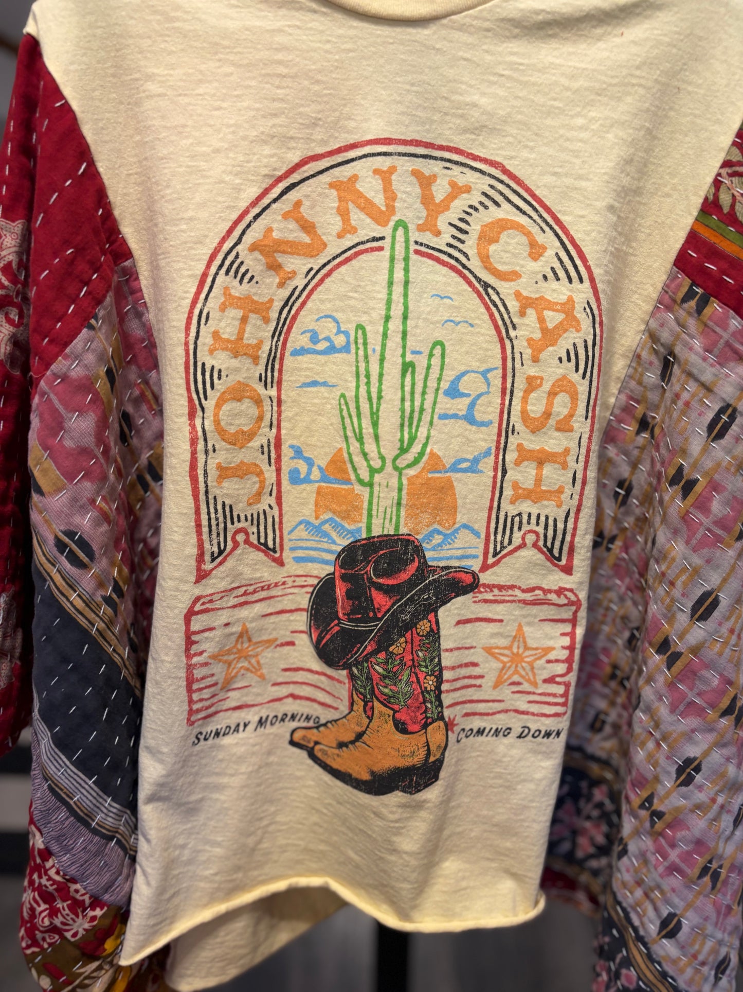 Johnny Cash Upcycled Vintage Kantha Poncho Tee Fits A Small to XXL