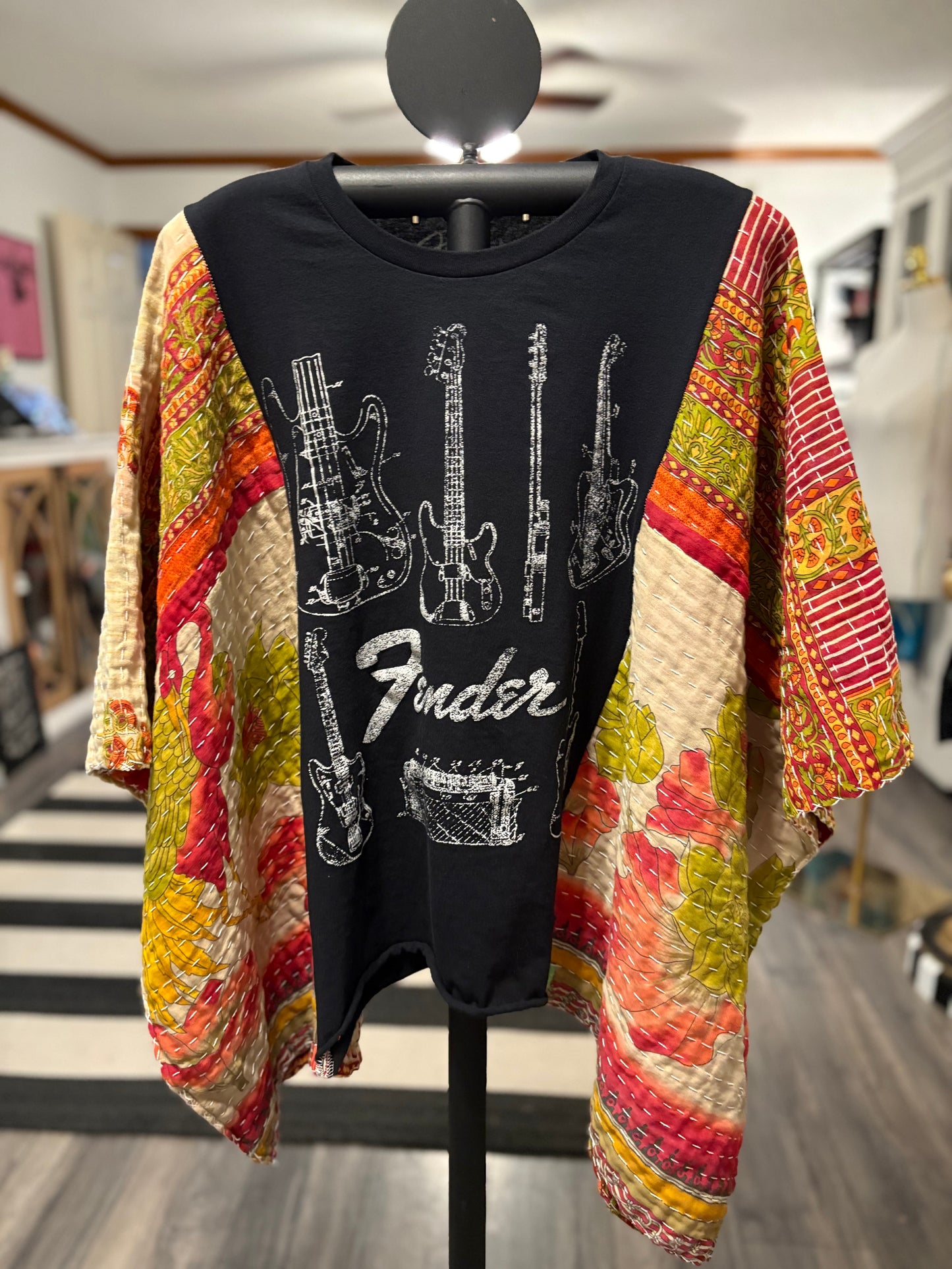 Fender Upcycled Vintage Kantha Poncho Tee Fits A Size Large to 3X
