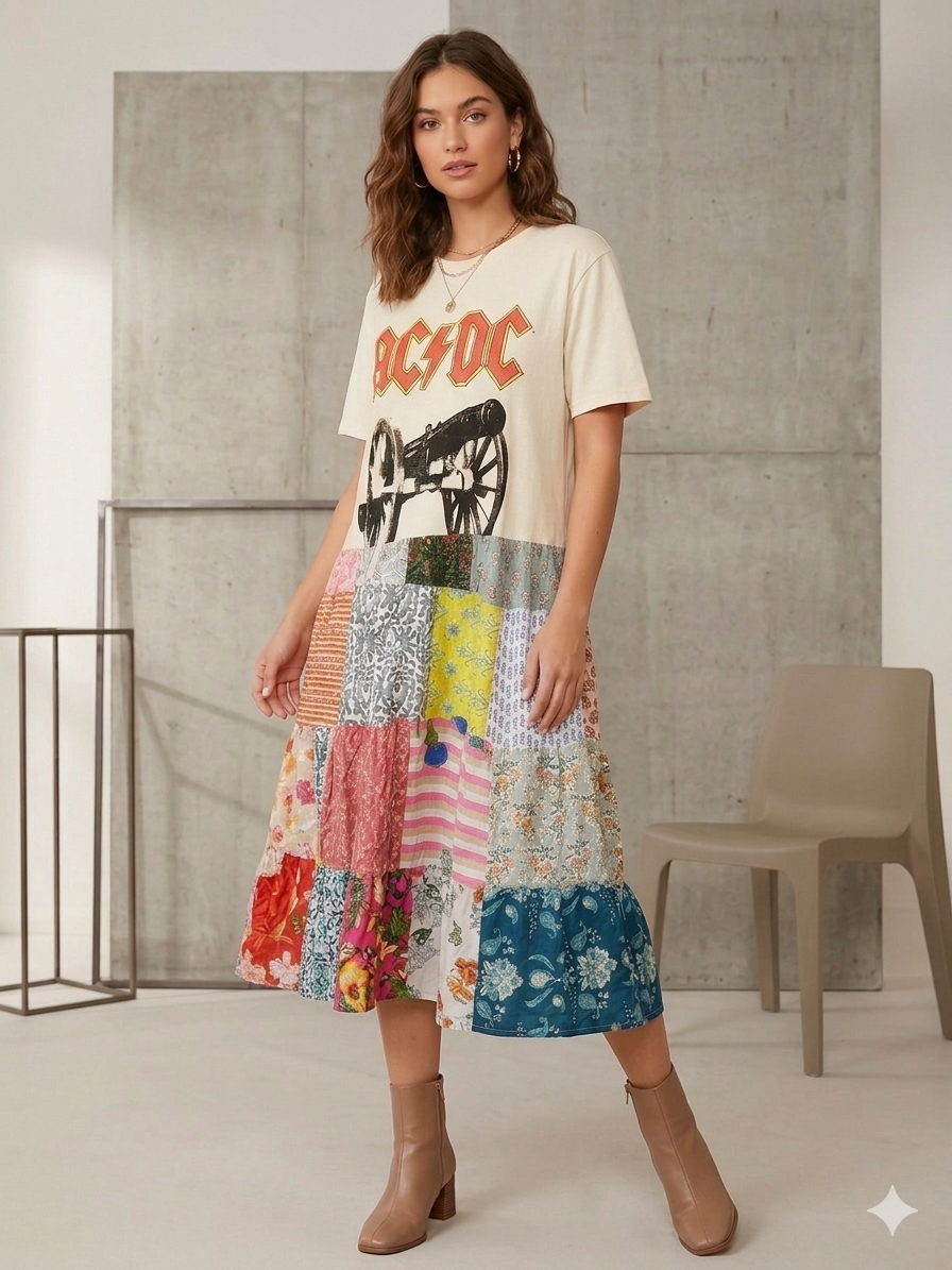 AC/DC Upcycled Patchwork Dress One Size Fits an Small to XXL