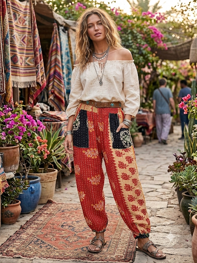 Patti Women Vintage Kantha Quilt Cotton Reversible Harem Pant One Size Fits Size 4-16