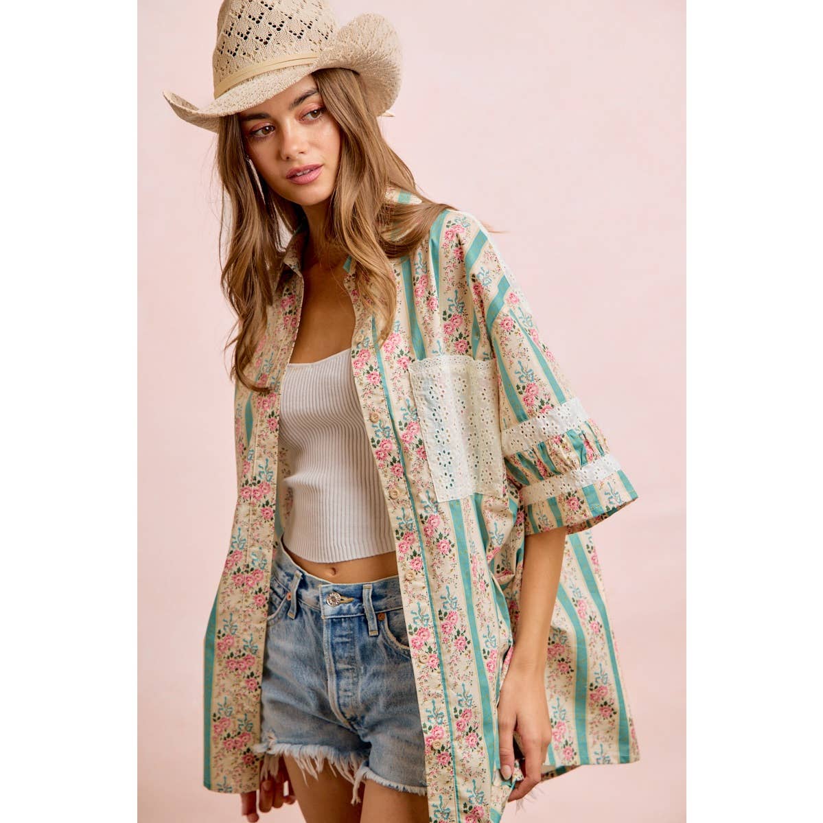 EYELET LACE AND FLORAL MIX AND MATCH SHIRT TOP: TEAL / S 2-6
