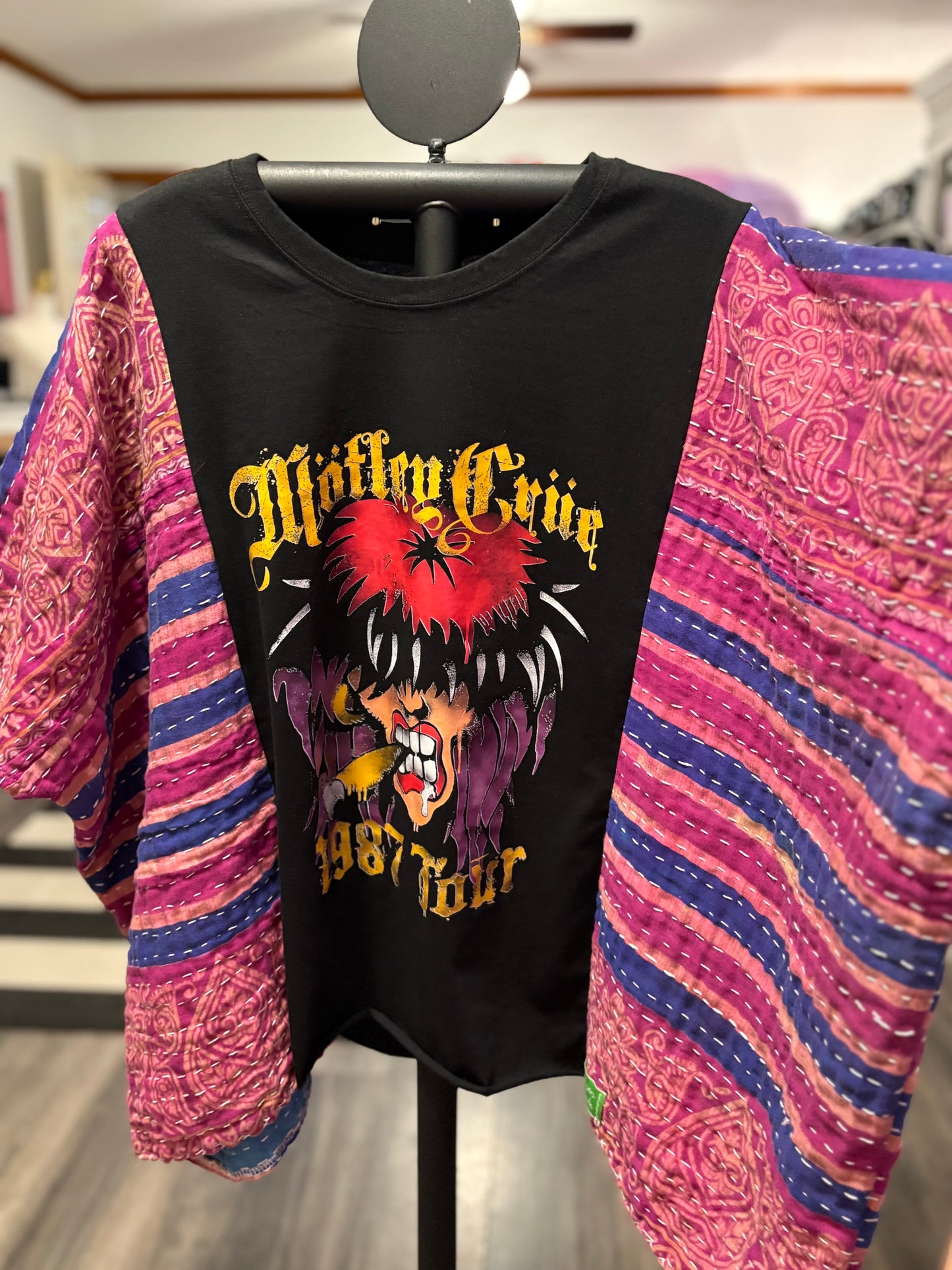 Motley Crue Upcycled Vintage Kantha Poncho Tee Fits A Size Small to XXL