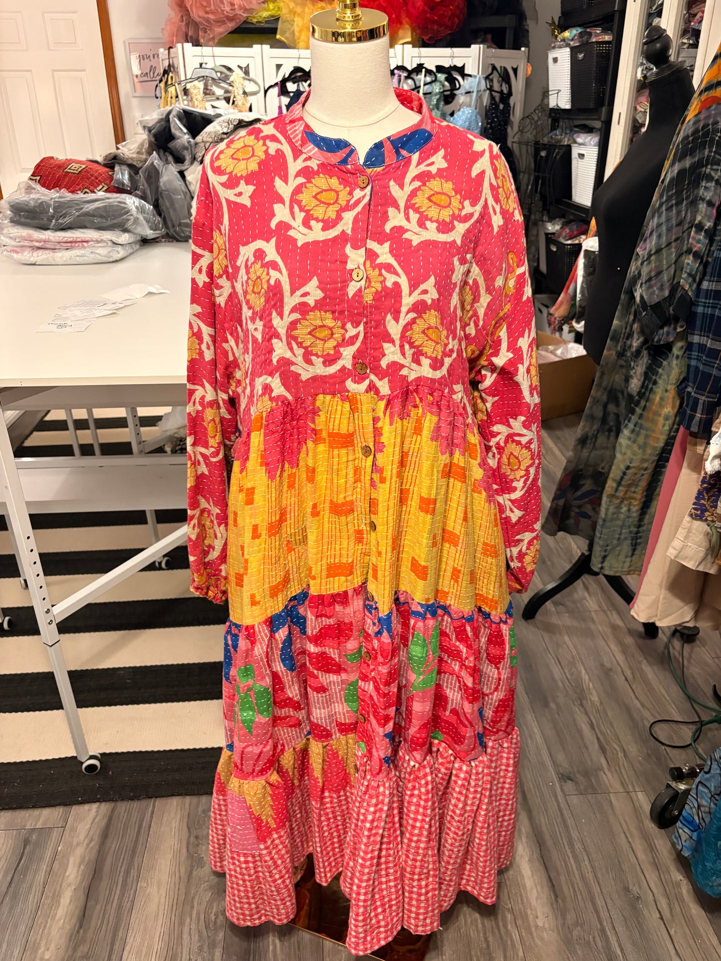 Lisa Vintage Kantha Duster Maxi Dress One Size Fits Small to 3X 2-22