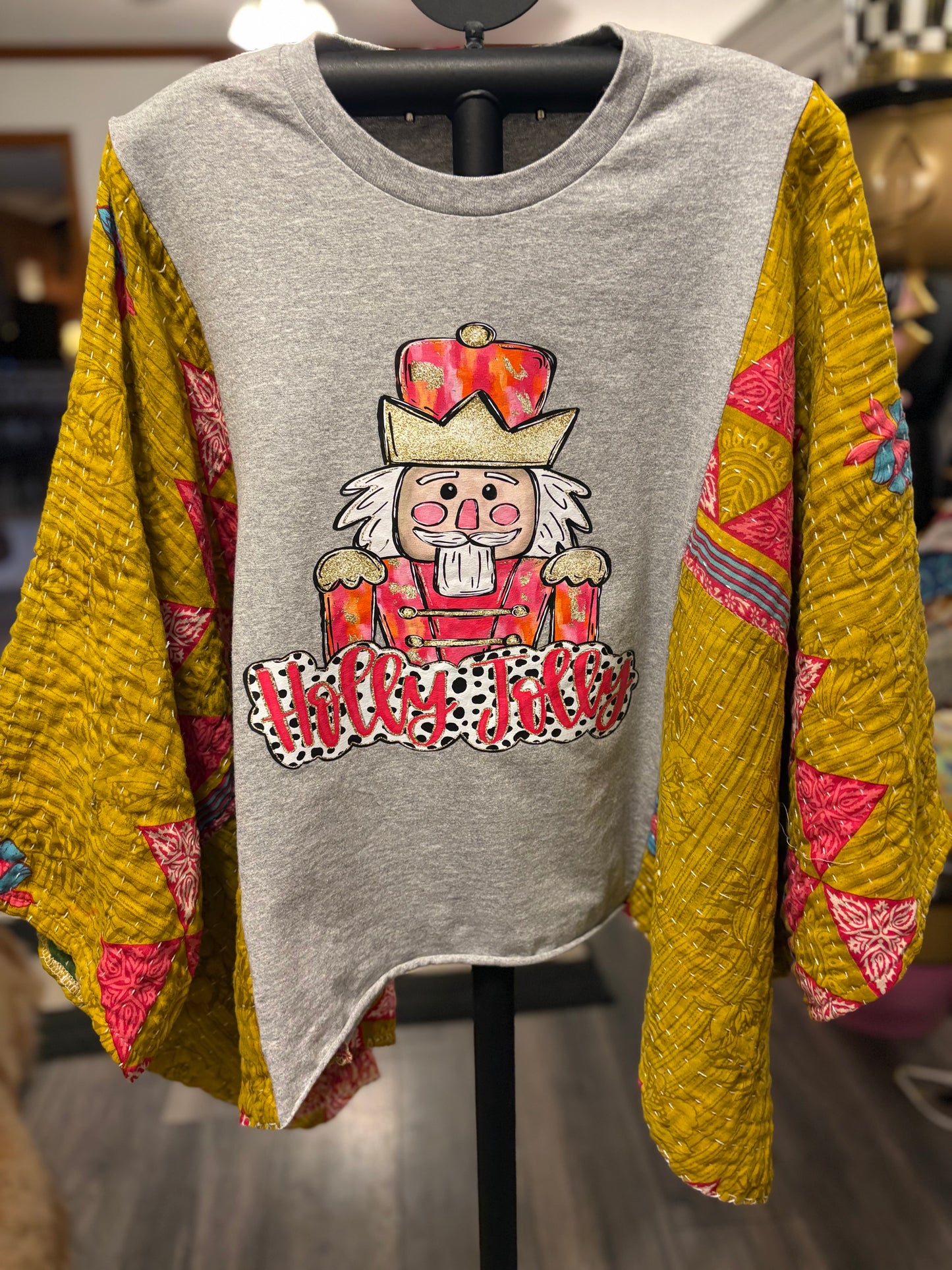 Holly Jolly Upcycled Vintage Kantha Poncho Tee Fits A Size Small to XXL