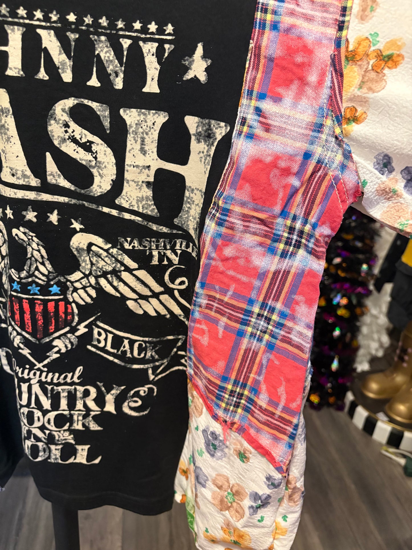 Man in Black Upcycled Frayed Patchwork Tee One Size Fits a Small to Large