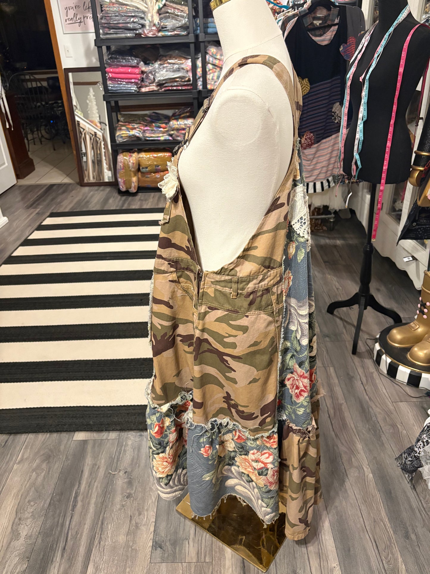 Classy Camo Upcycled Patchwork Overall Dress One Size Fits a Small to XL