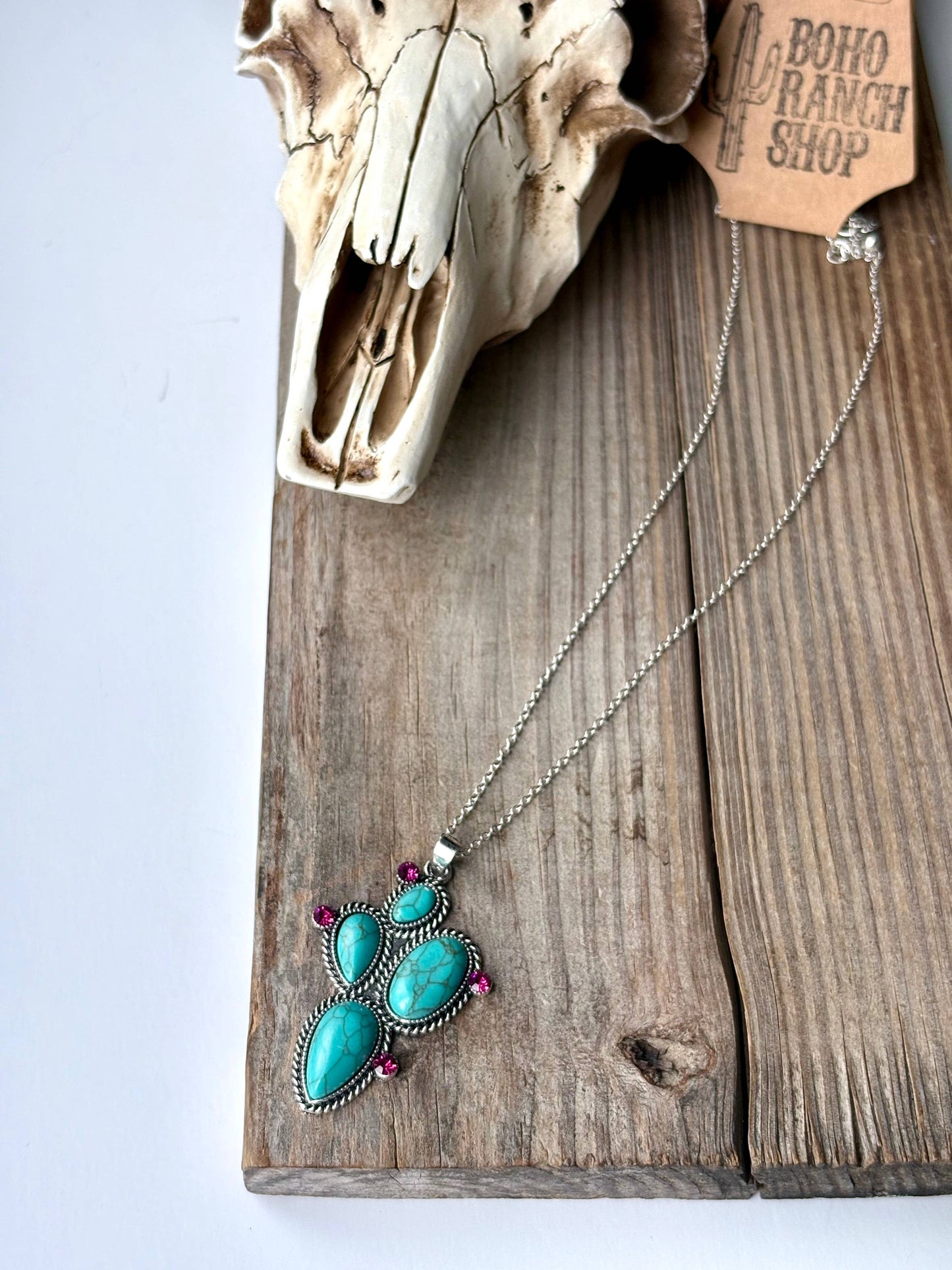 Western Cactus Stone Pendant Necklace: Green
