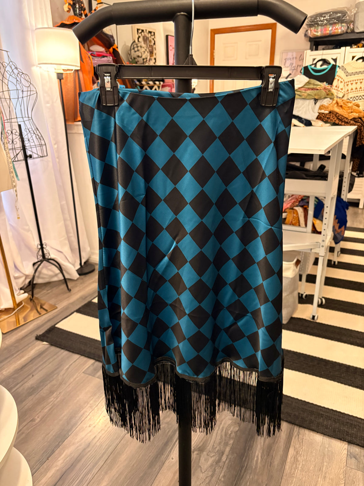 Sapphire and Black Checkerboard and Fringe Glam Skirt One Size Fits a Small/Medium