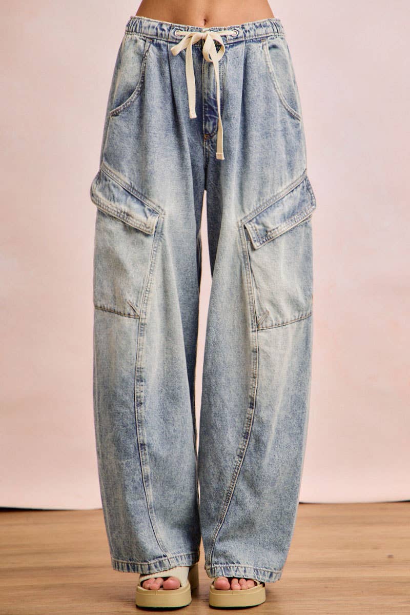 BAGGY BARREL DENIM PANTS WITH CARGO POCKETS: DENIM