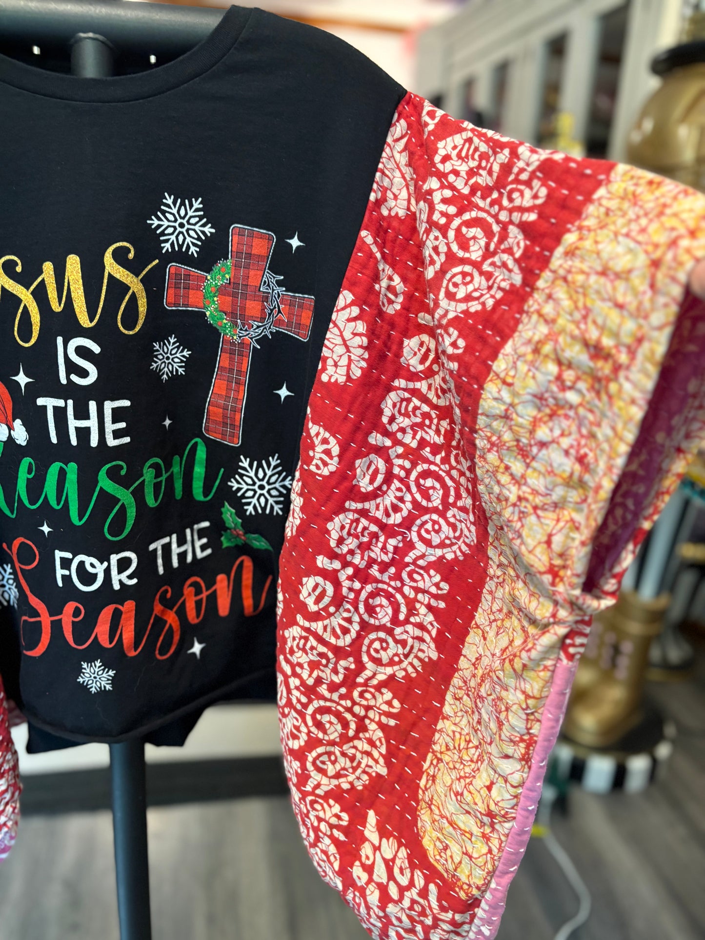 Jesus is the Reason Upcycled Vintage Kantha Poncho Tee Fits A Size Small to  XL