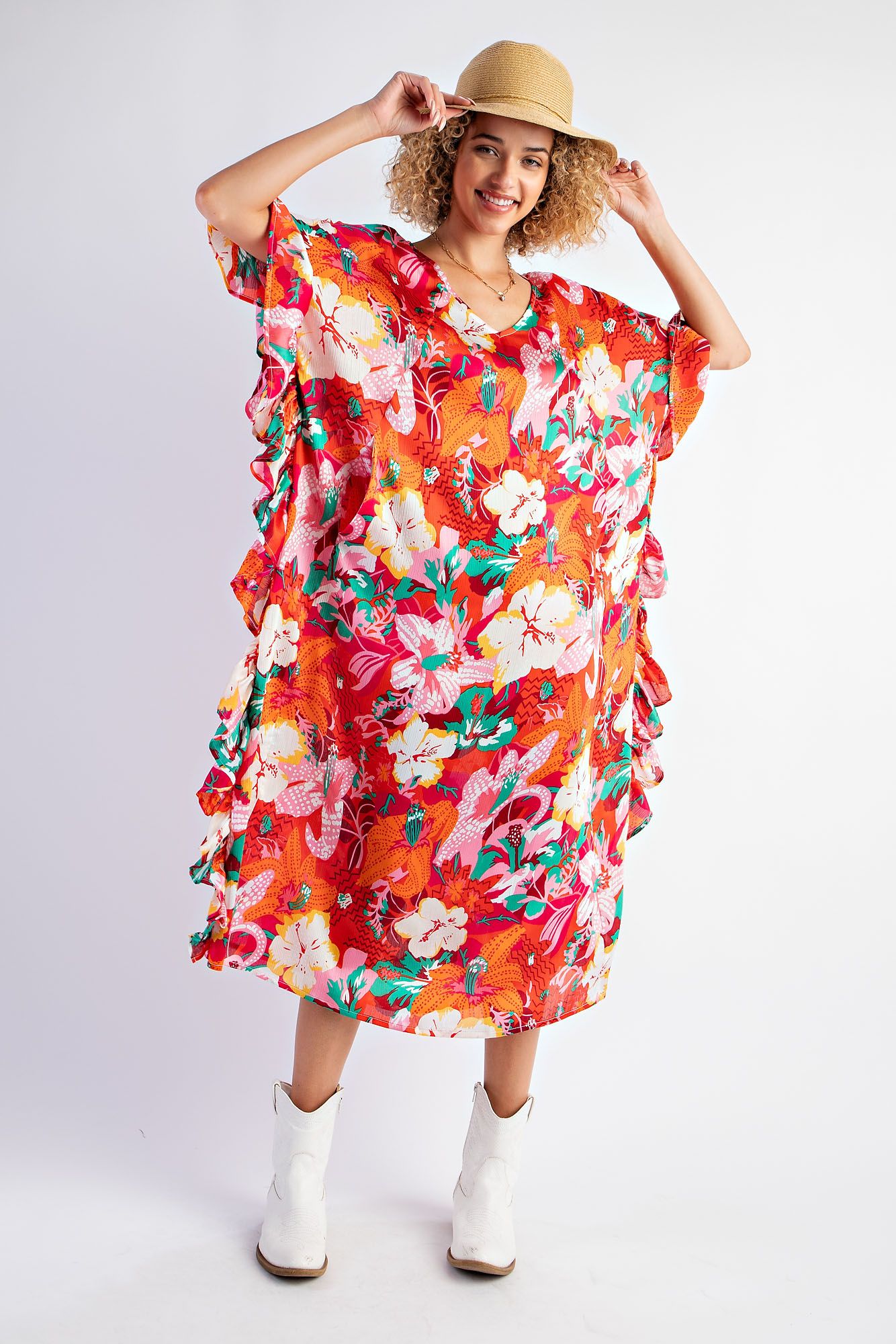 Tropical Orange Ruffle Midi Dress