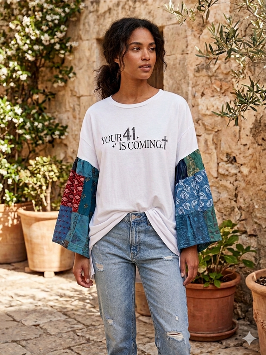 Your 41 is Coming Flare Patchwork Sleeve Tee Fits a Small to XL