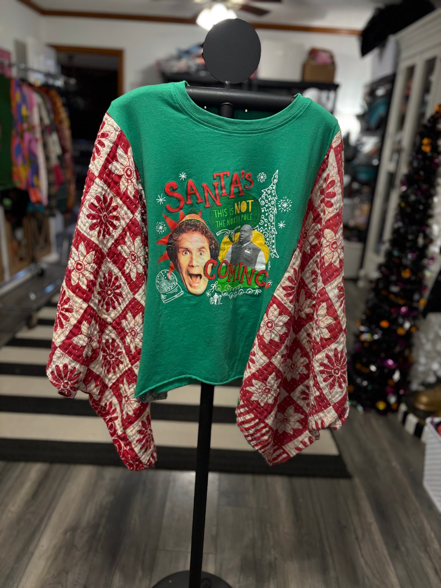 Santa’s Coming Vintage Kantha Quilt Poncho Tee One Size Fits a Small to XXL