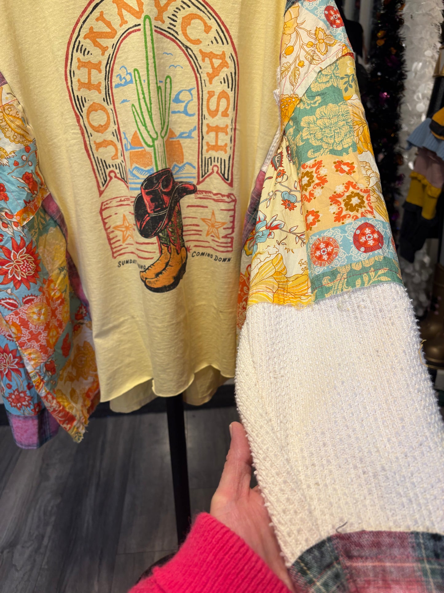 Walk The Line Upcycled Frayed Patchwork Tee One Size Fits a Large to 3X