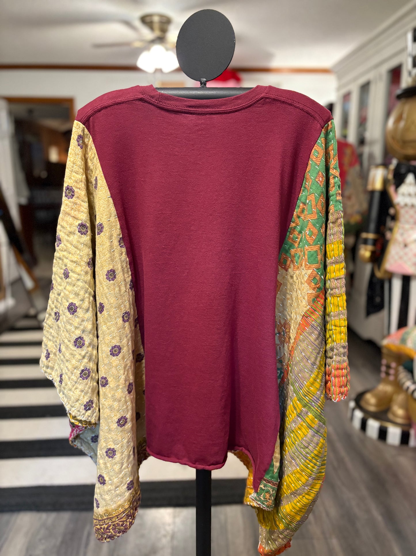 AC/DC Upcycled Vintage Kantha Poncho Tee Fits A Size Small to 3X