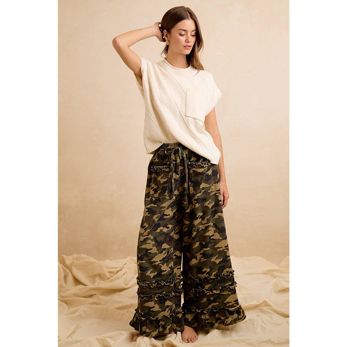 CAMOUFLAGE PRINTED TWILL RUFFLED DETAIL WIDE PANTS: CAMOUFLAGE / M 6-10